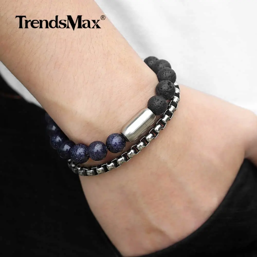 Уникальный натуральный песчаник мужской браслет из бисера нержавеющая сталь кубинские звенья цепи браслеты для мужчин и женщин браслет подарок DLBF26