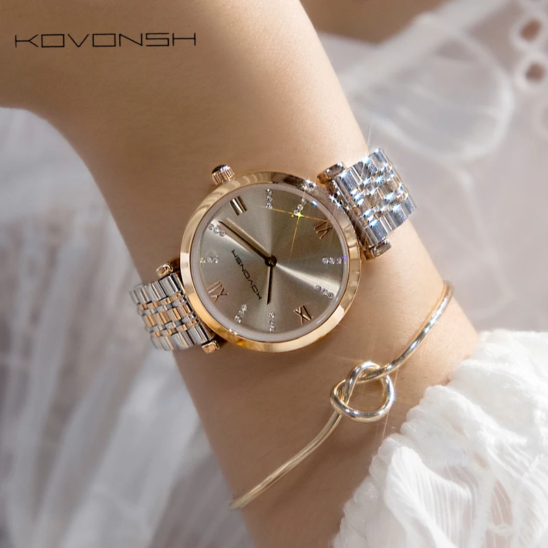 Best KOVONSH Luxury Fashion Women Watches Lady Watch Stainless Steel Dress Women Watch Quartz Wrist Watches Gift Present Dropshipping