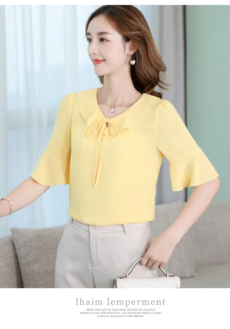 Летняя Корейская шифоновая рубашка, Женская Повседневная блуза с коротким рукавом и оборками, тонкая женская офисная рубашка, уличная мода, женские топы