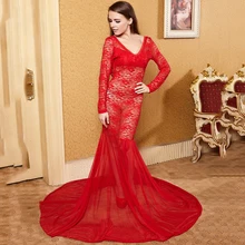 Роскошный сексуальный красный полный кружевной вышивкой Элегантные макси платья с длинными рукавами глубокий v-образный вырез ночная рубашка искушение нижнее белье adytum слипы M L