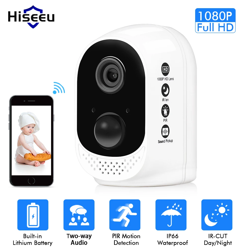 Hiseeu wifi Battery security IP Camera 1080P Rechargeable Battery Powered  HD wireless home safety cctv Camera  PIR alarm