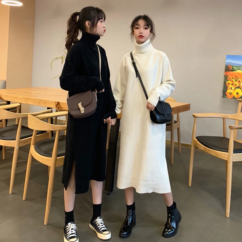 

2019 autumn winter Korean casual office maxi dress women waist Slim long Knitted turtleneck Sweater Dress kleider damen dresses