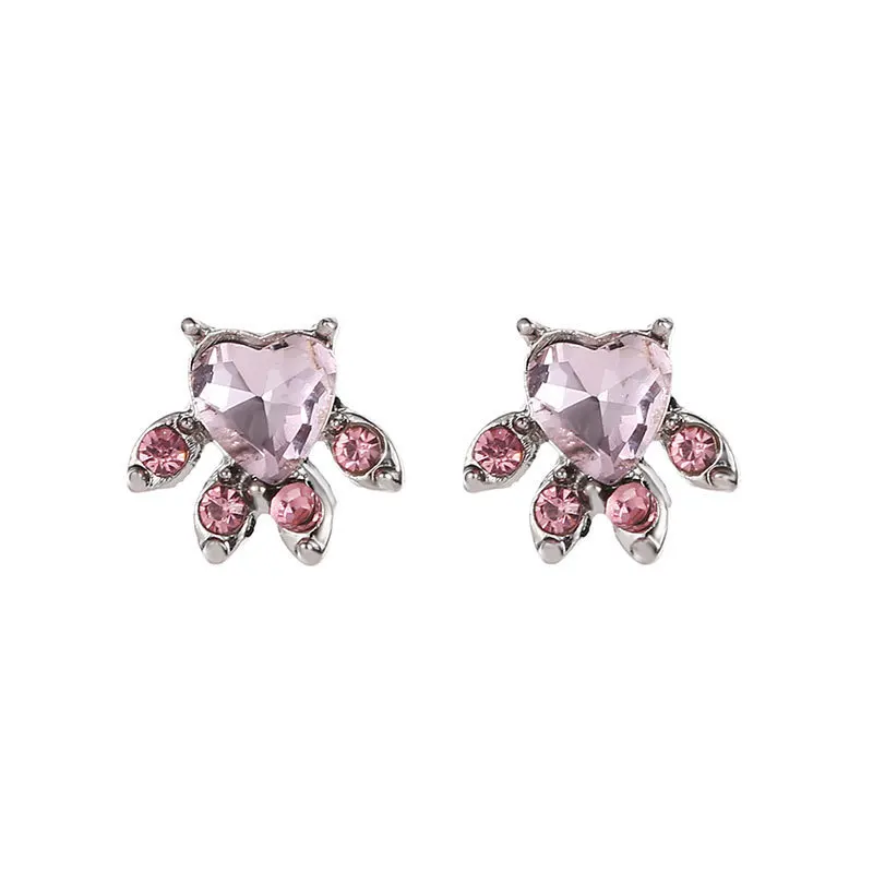 Cute Pink Shiny Faceted Zircon 4 Little Crystal Cat Paw Shape Sweet Silver Plated Golden Stud Earrings For Women | Украшения и