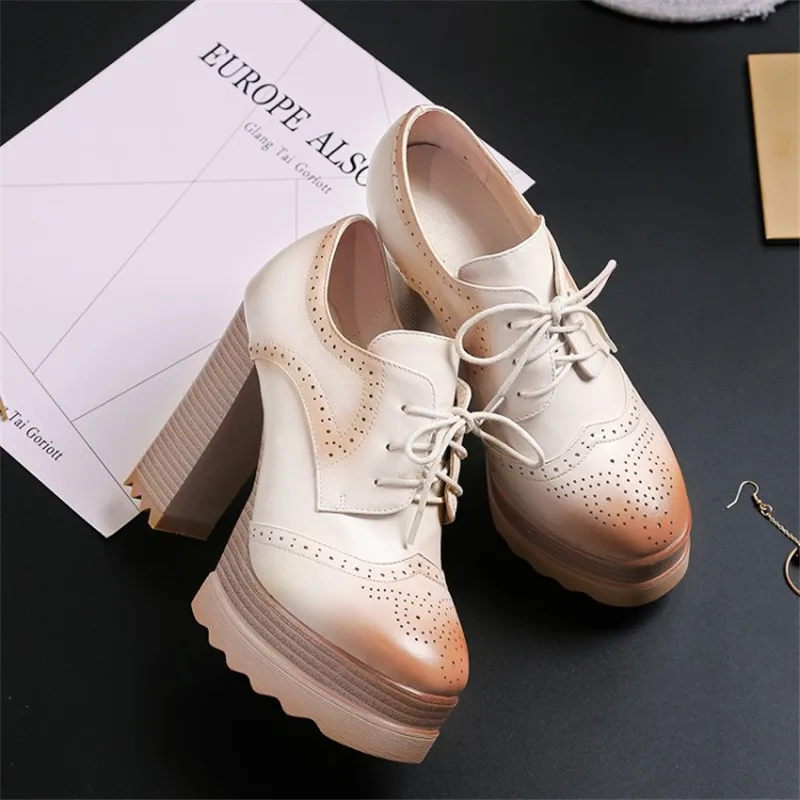 2019 Spring Fashion Women Pumps Platform Heels Rubber Black Lady Casual Brogue Shoes Leather Lacing High Heels Footwear Big Size (10)