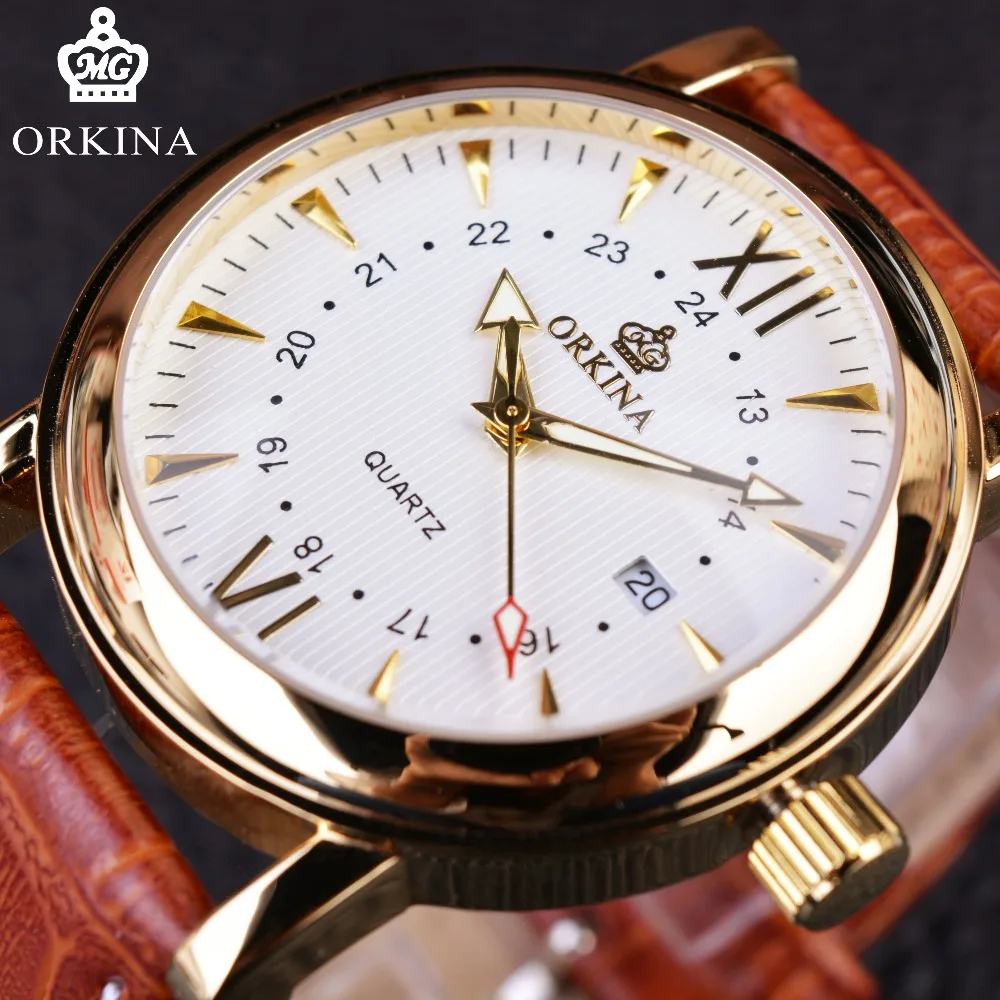 ORKINA Classic Leather Band Golden Quartz Watch Stainless Steel Case