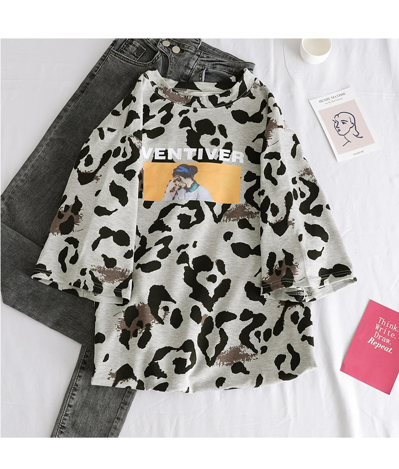 Women Summer Tee Harajuku Funny Dairy Cattle Cow Leopard Print Vintage Tshirt Short Sleeve Zaraing Graphic Shirt Streetwear Top