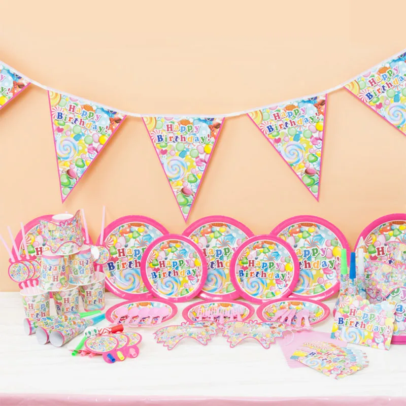 

sweet sugar Lollipop Party Set hat fork knives spoon invitation cards Straws Banner Happy Birthday Baby Shower Party Decoration