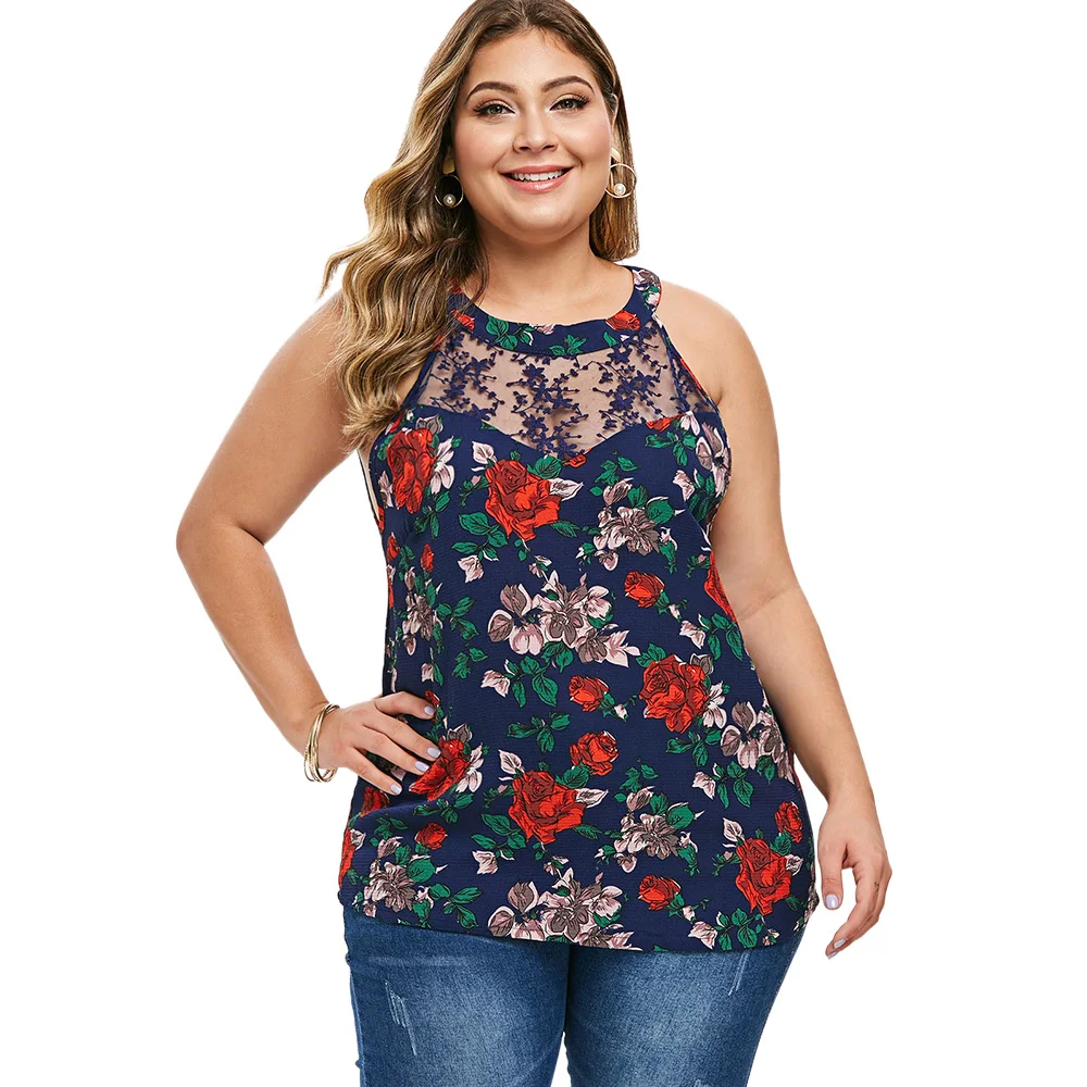 

ROSE GAL Plus Size Floral Print Lace Mesh Tank Tops Women Clothes Big Size See Through Sexy Tunic Vest Summer Long Tunic T-Shirt