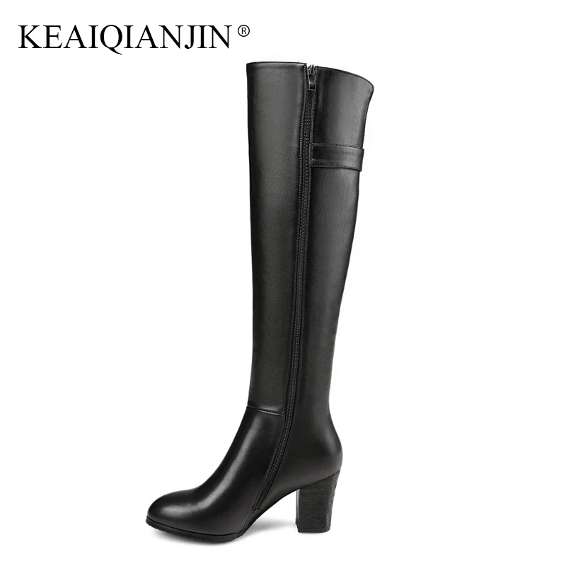 

KEAIQIANJIN Genuine Leather Thigh Knee High Boots Autumn Winter Black High Heeled Shoes Woman Platform Chelsea Knee High Boots