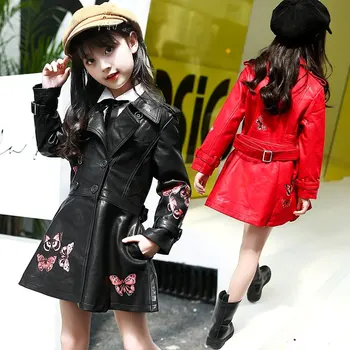 

Girls Leather Jacket 2018 Beautiful Red Print Butterfly Long Jacket Children Fashion Autumn Kids Coat With Belt Cute Girls Coat
