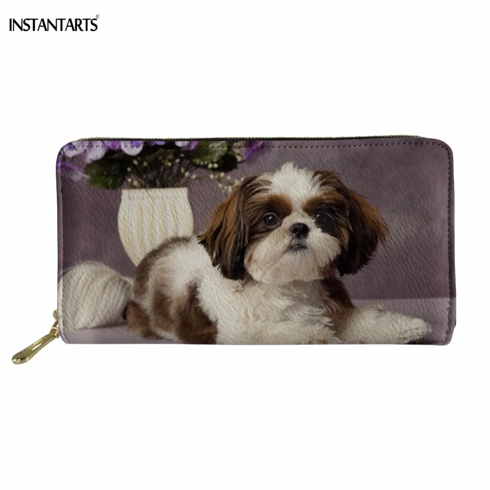 

INSTANTARTS Brand Design Woman Man Zipper Wallet Funny Dog Shih Tzu Print Clutch Coin Card Holder Fashion Large PU Leather Purse