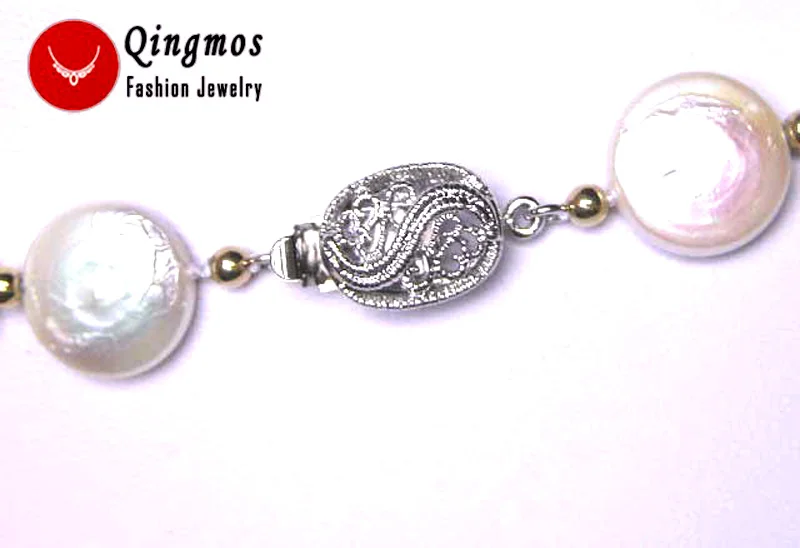 Qingmos натуральный 10-12 мм белый жемчуг ожерелье для женщин с монеткой круглой формы жемчужное ожерелье ювелирные изделия ne5228