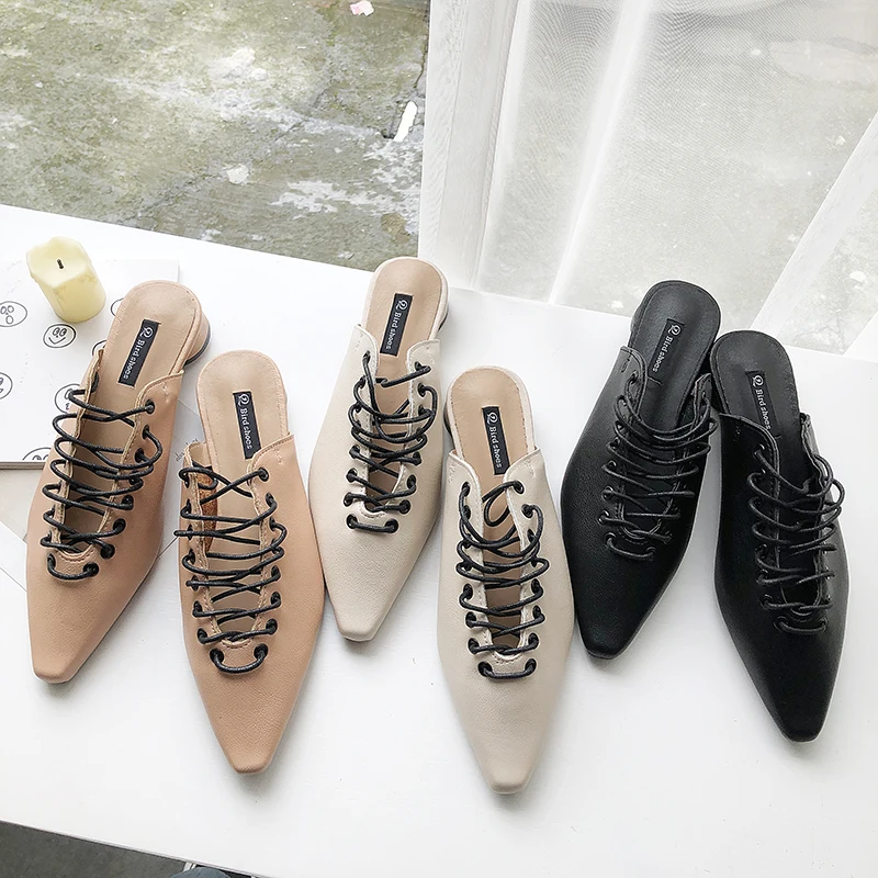 

HKCP The new Korean version of the spring 2019 baotou half-toe loafer comes with a lace toe and a pointed moeller loafer C168