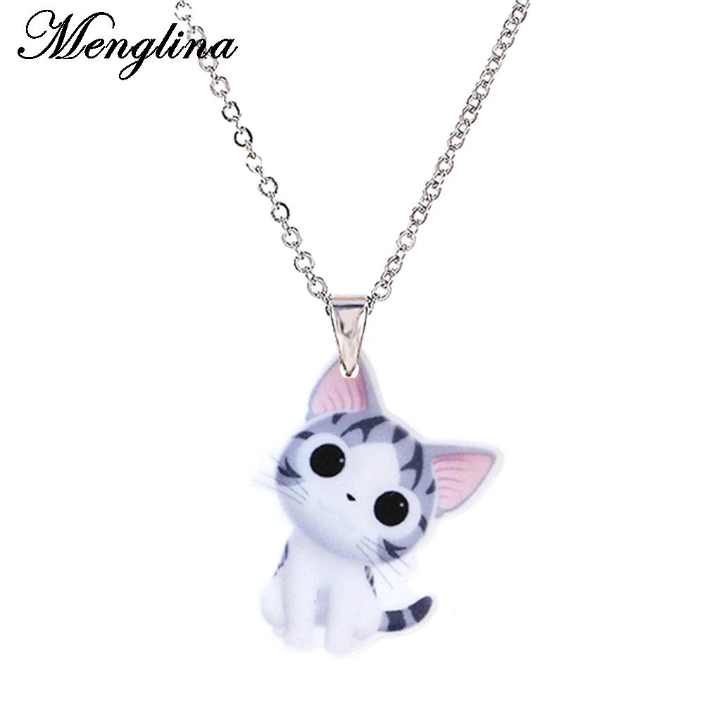 Menglina модное акриловое ожерелье с подвеской в виде милого кота для маленькой девочки, серебристая цепь, милые животные, плоская задняя часть, полимерная подвеска