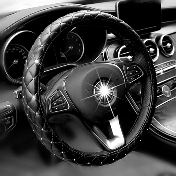 

Universal 38cm Steering Wheel Cover Bling Rhinestones Crystal Car Handcraft Steering Wheel Covers Soft Leather for Girls ladies