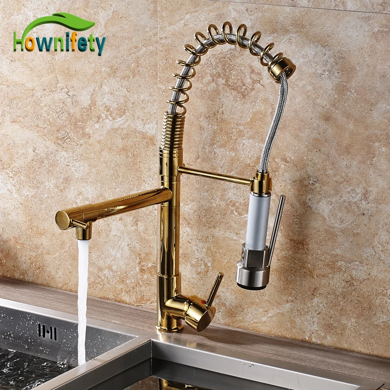 

Best Quality Gold Finish Dual Spout Kitchen Sink Faucet Deck Mount Spring Kitchen Mixer Tap Kitchen Hot and Cold Water tap