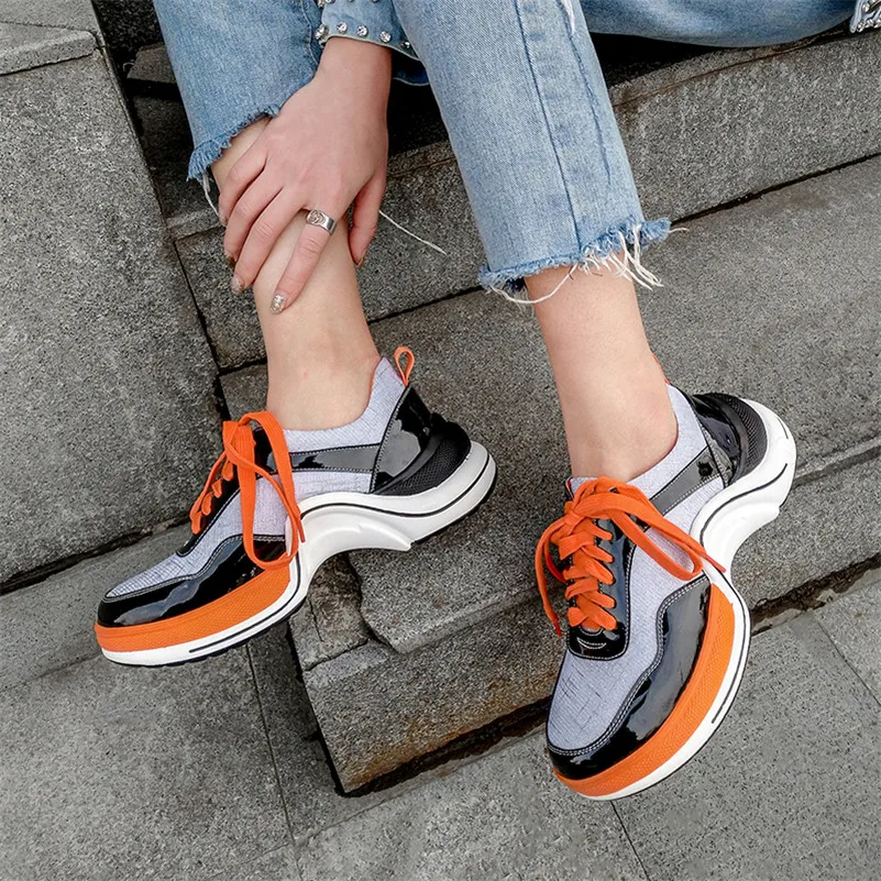 Punto Mayor Mujer Cuero Punta De Zapatos Genuino plata Moda Casuales Planos Suela Redonda Cómodo Fedonas Mujeres Azul Gruesa Deporte Zapatillas YwOOaq
