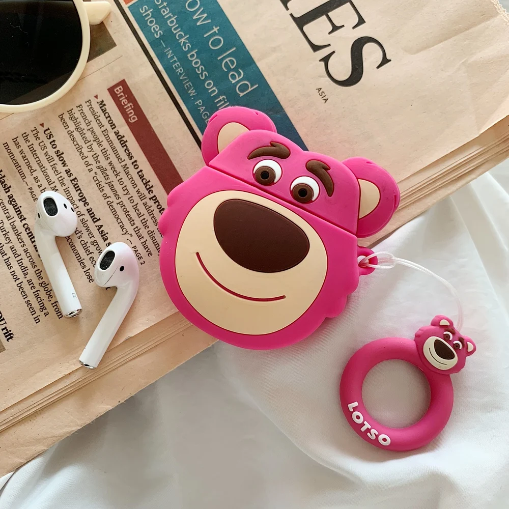 Ring Strap Cartoon Peanuts Dog 3D Pink Bear Lotso Silicone Earphone Case For Apple AirPods 1 2 Headphone Wireless Charging Box