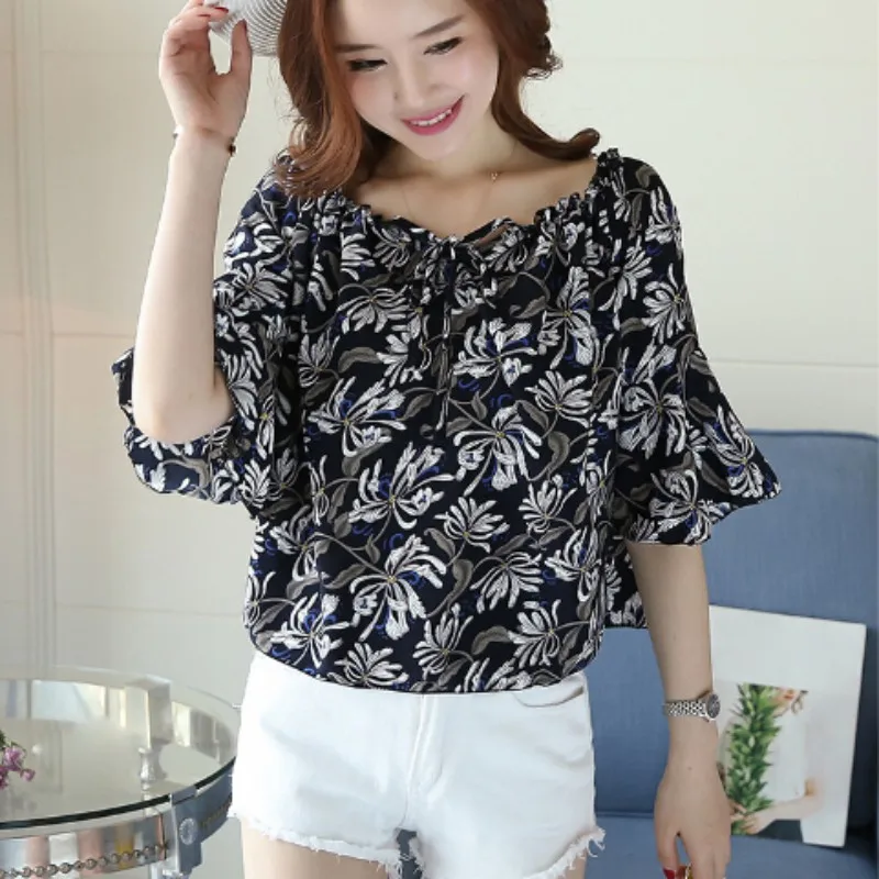 Blusas Verano 2019 Moda Gasa Cuello Impresión Tops De Mujeres Blusa Con Mujer Floral Las Femenina Camisa YpBwqnxgx0