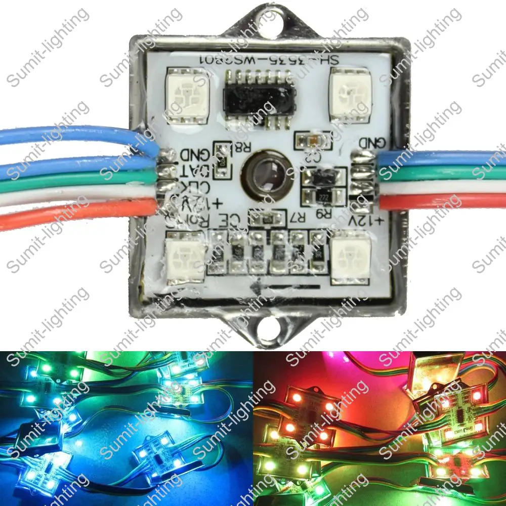 20pcs/string, DC12V IP67 Водонепроницаемый адресуемый RGB Полноцветный WS2801 IC Pixel Светодиодный модуль, 4x5050SMD, 36 мм* 36 мм квадратный