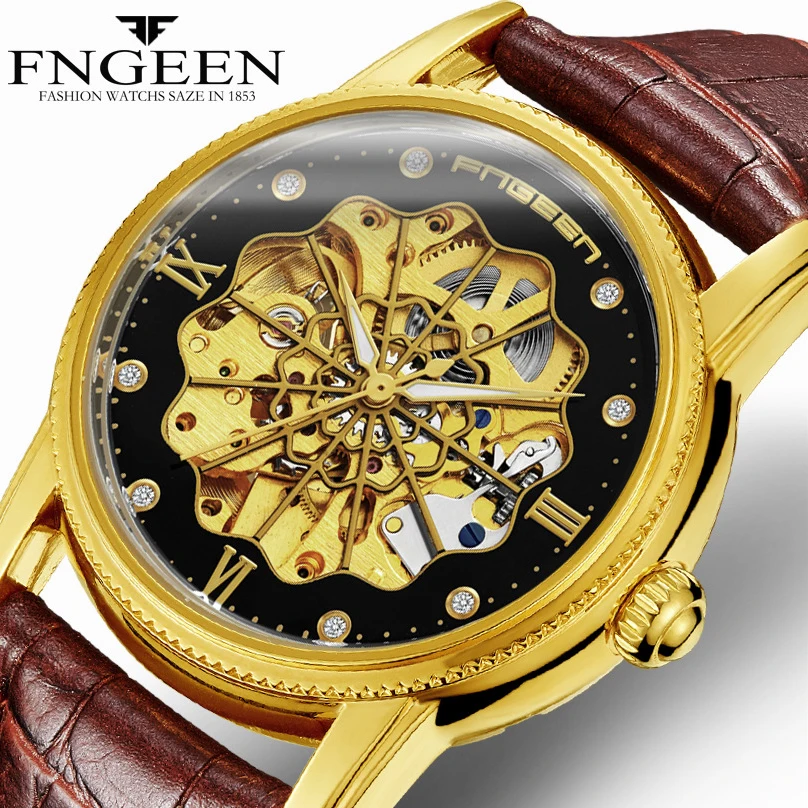 

FNGEEN Luxury Hollow Men Watch Gold Automatic Mechanical Watches For Men Leather Strap Brand Men's Wristwatch Relogio Masculino