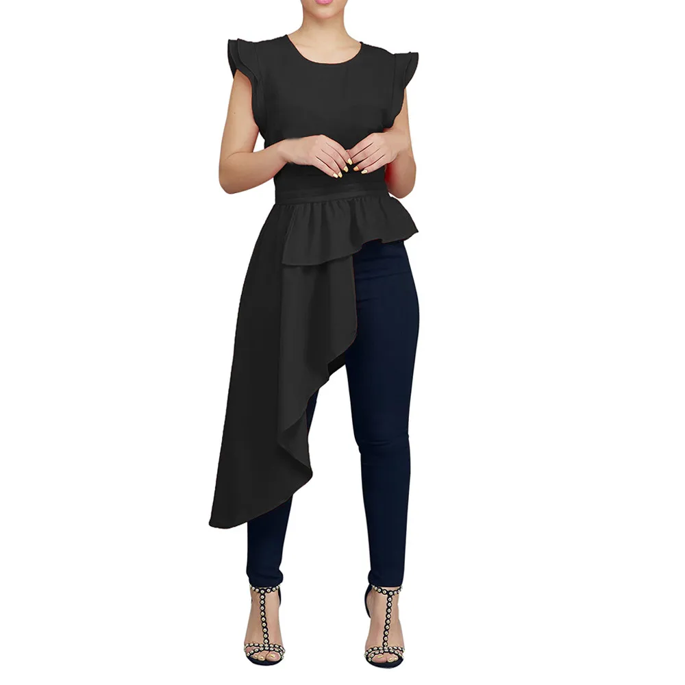 

ISHOWTIENDA Womens Long Tops and Blouses O-Neck Fungus Sleeve Irregular Pure Color Loose Blouse Ladies Blouses blusas mujer Moda