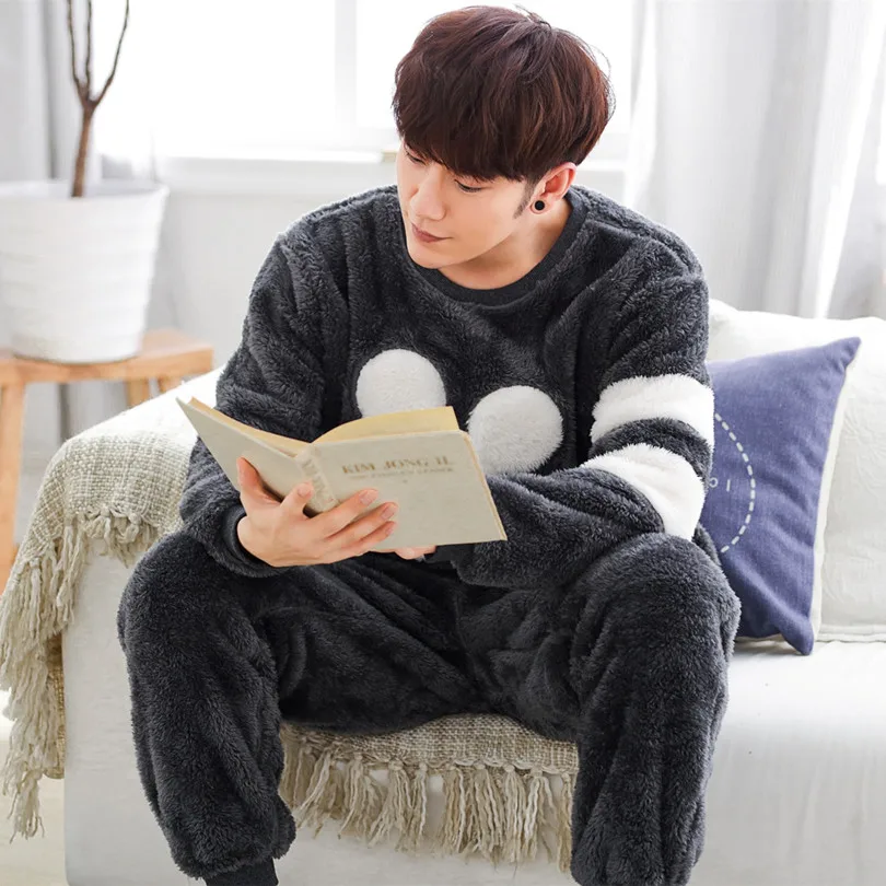 

JRMISSLI Letter Print Men's Pajamas Set Warm Flannel Sleepwear Men's Sleep Lounge Pajama Sets Homewear Nighties