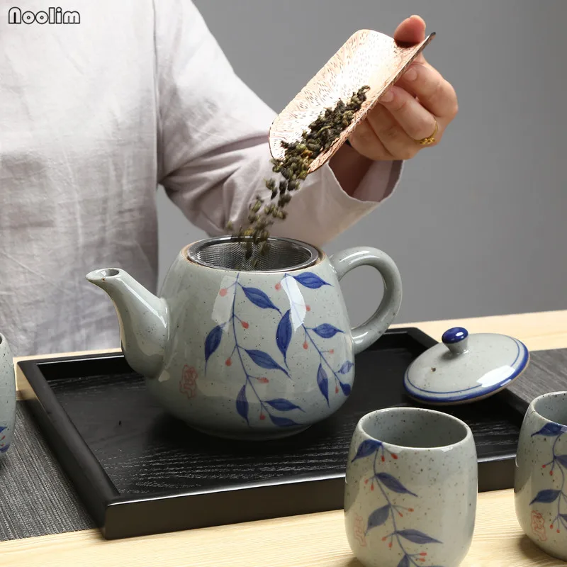 NOOLIM керамический большой чайник с ручкой, винтажный, ручная роспись, сине-белый фарфор фильтр, чайник, 900 мл, кастрюля для ресторана