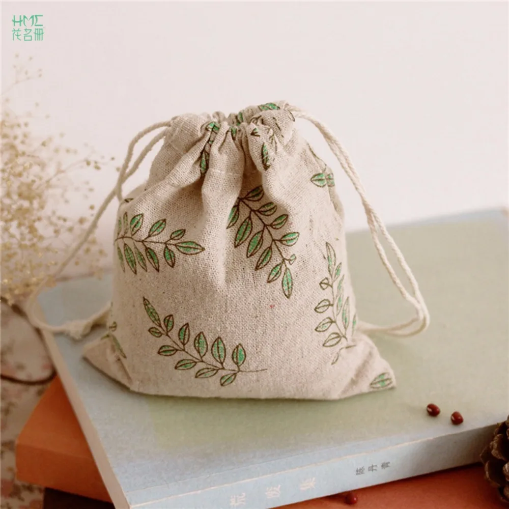 3 sizes Leaves Printed Handmade Cotton Linen Bag Storage Bag Coffee