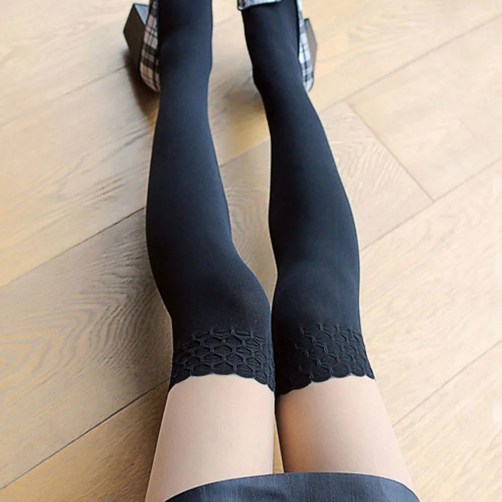 Medias hasta la rodilla de encaje con costura negra para mujer y niña