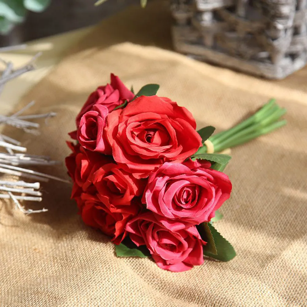 1 букет розы, искусственные цветы поддельные пластиковые шелковые цветы свадебные искусственные цветы украшение дома горячая распродажа - Цвет: Красный