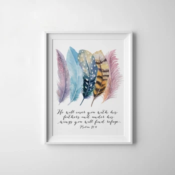 

Bible Verse Psalm 91:4 Poster Canvas Art Prints , Birds Feathers Scripture Christian Quotes Canvas Painting Wall Art Home Decor