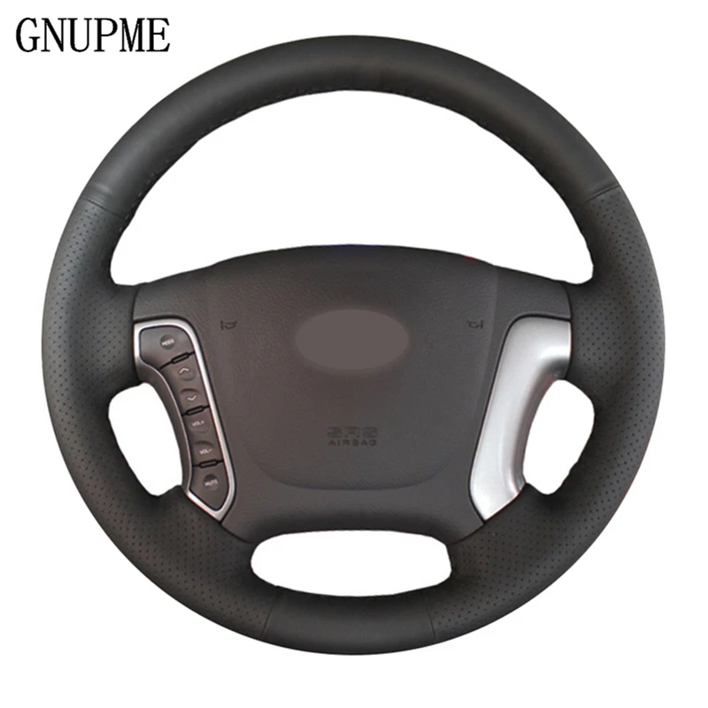 

GNUPME DIY Steering Cover Hand-stitched Soft Artificial Leather Black Car Steering Wheel Cover for Hyundai Santa Fe 2006-2012