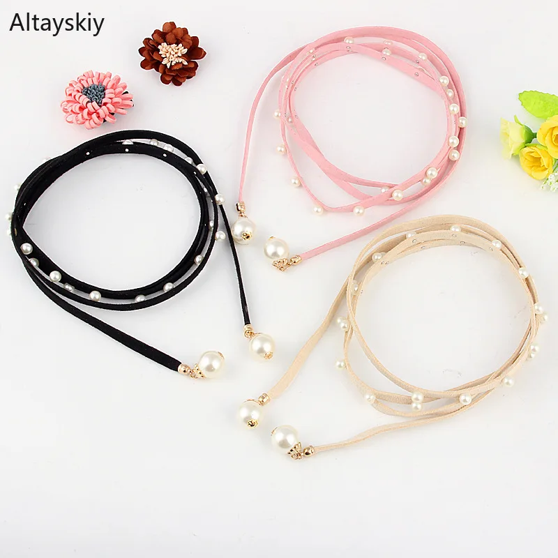 

Belts Women Solid Thin Overlong Faux Leather Pearl Bow Knotted Womens Dress Belt All-match Sweet Kawaii Trendy Korean Style Chic