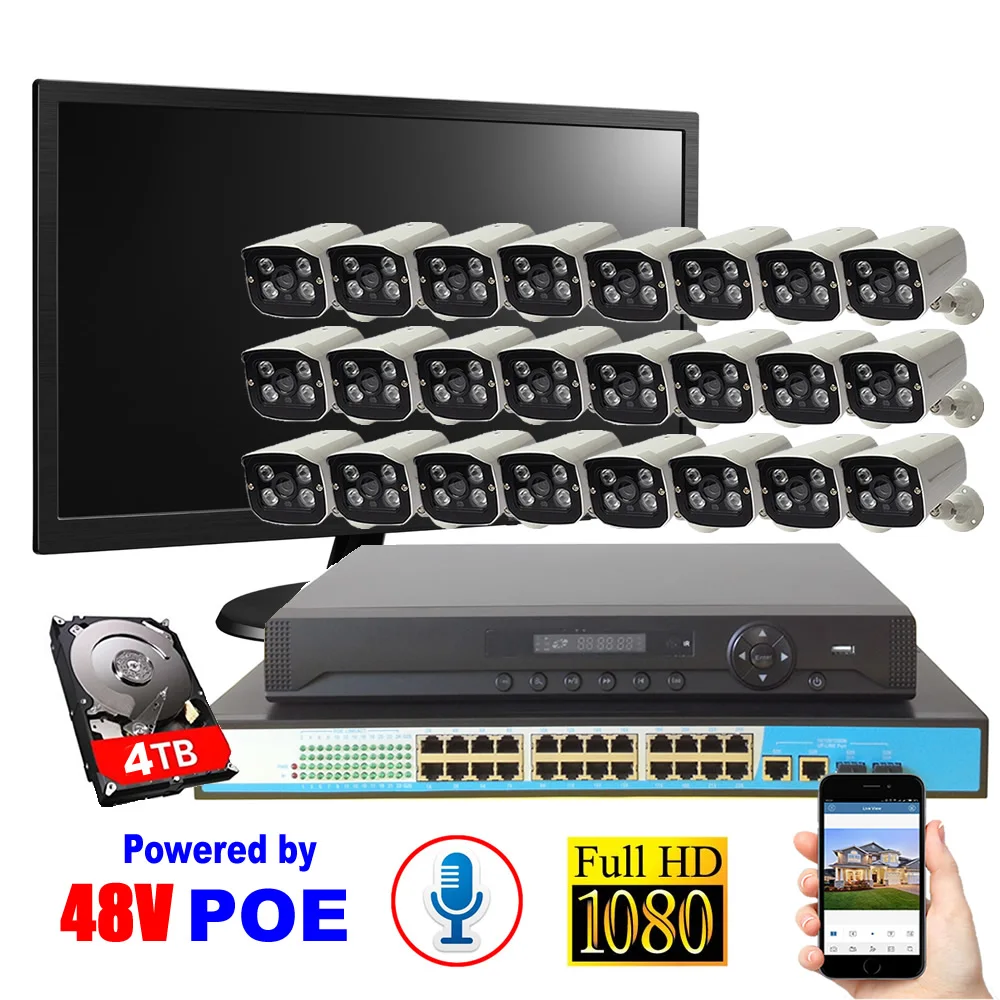 

24CH Security System Voice+Waterproof+Night vision+4TB HDD POE 1080P Audio P2P Cloud IP Camera Surveillance System NVR Kit