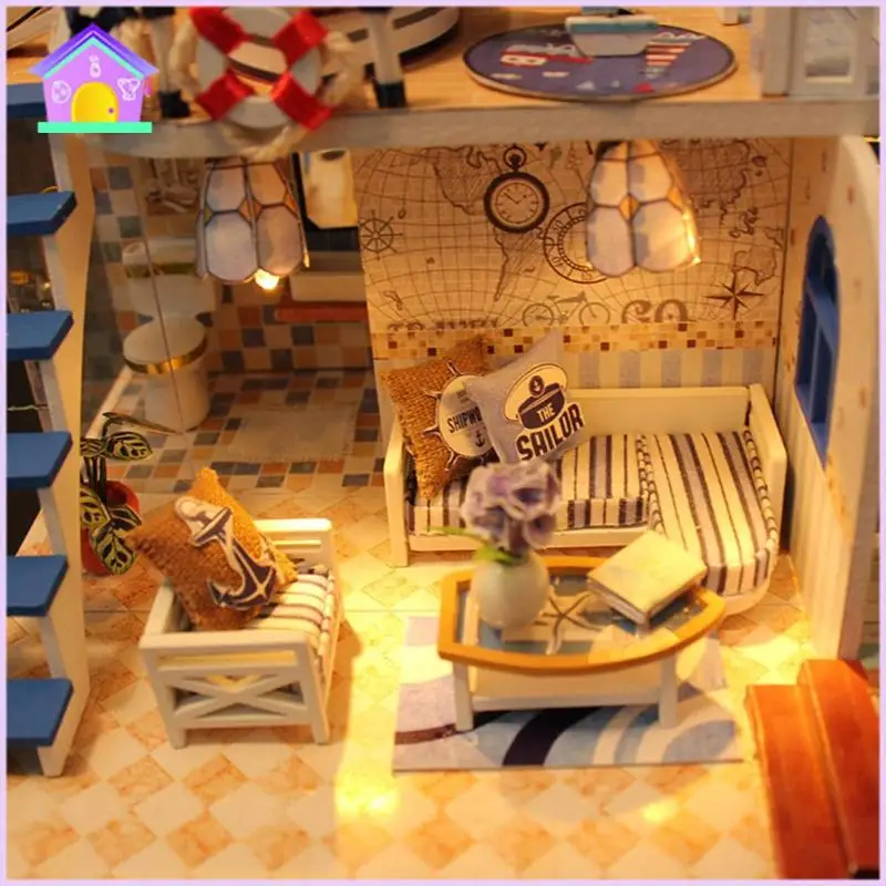 Dollhouse Kit Handicraft Diy Toy Light Blue Beach Assembly Building Model House Miniature Dollhouse With Dust Cover Toys Decor