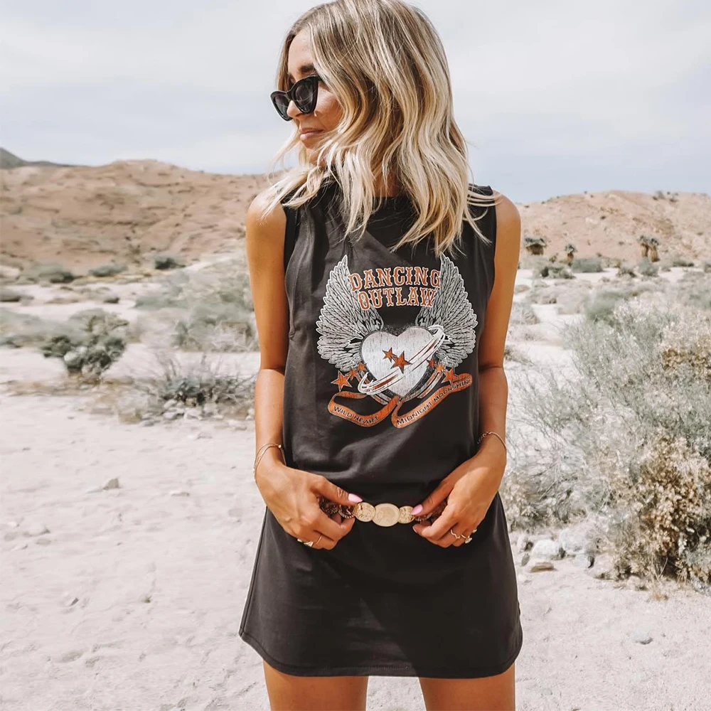 

KHALEE YOSE Black Mini Tshirt Dress Cotton Print Summer Sleeveless T Shirt Dresses Boho Chic Gypsy Hippie Short Dress Womens