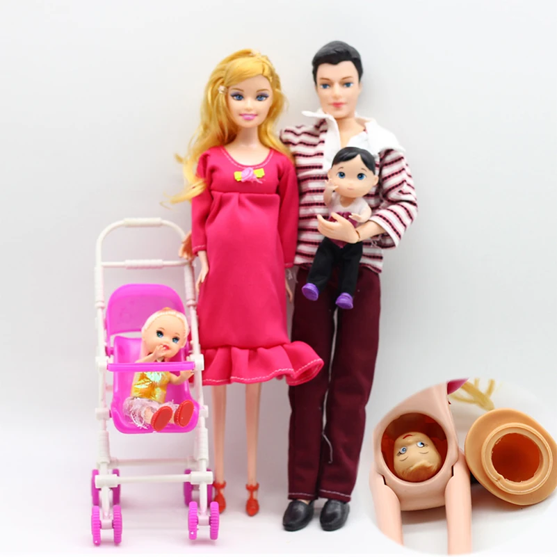 4Pcs/Set Happy Family Dolls Pregnant Babyborn Ken Prince & Wife Babyborn Stroller For Dolls Doll Child Toys Carriages For Dolls