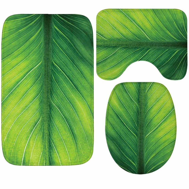 3pcs/set 3D Green Leaf Printed Bathroom Toilet Mat Set Non slip Water