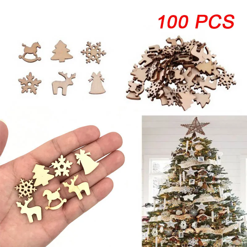 100Pcs DIY Craft Wood Chip Reindeer Snowflake Xmas Tree Ornaments Home Party Decor H99F