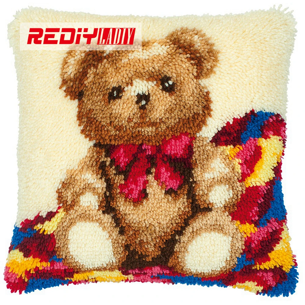 

2016 HOT Latch Hook Pillow Kits Ted with Scarf New DIY Needlework Crocheting Rug Kits Handmade Embroidery Unfinished Pillowcase