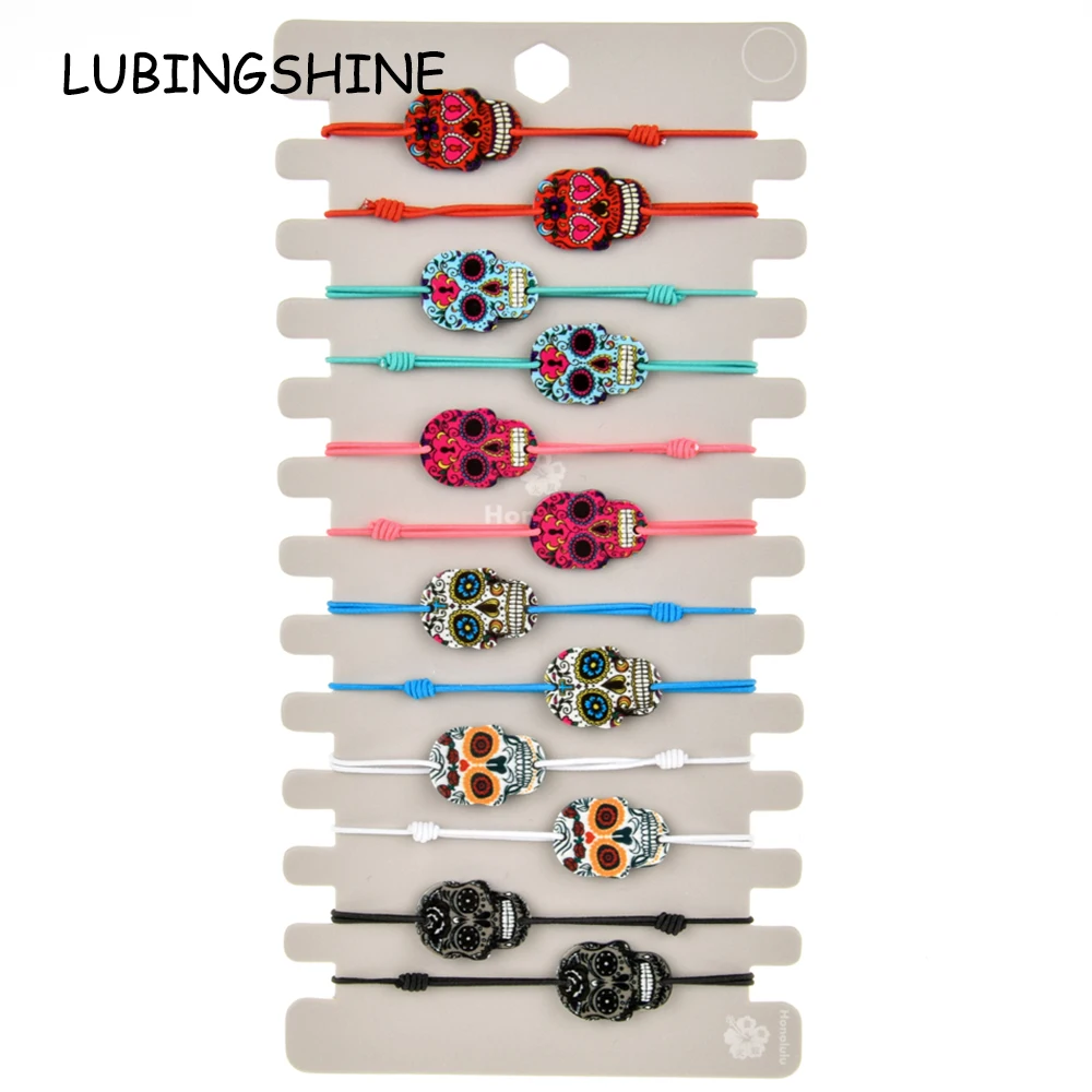 

12pcs/lot Enamel Skull Charms Braided Bracelet for Women Child Adjustable Elastic Rope Chain Yoga Anklet Jewelry Gift