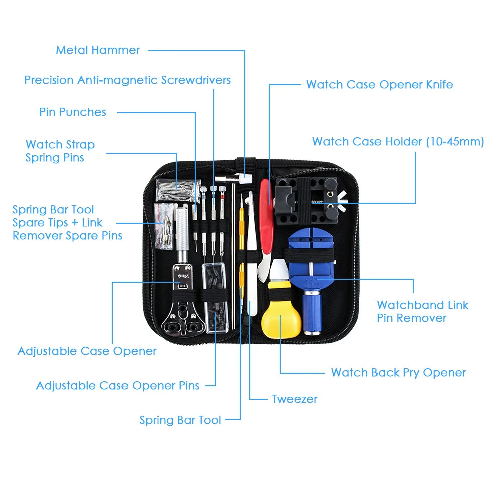 147 шт Профессиональный набор инструментов для ремонта часов, чехол, открывалка, отвертка для снятия крепежа, пружинный ремешок для наручных часов со шпилькой, инструменты для ремонта наручных часов