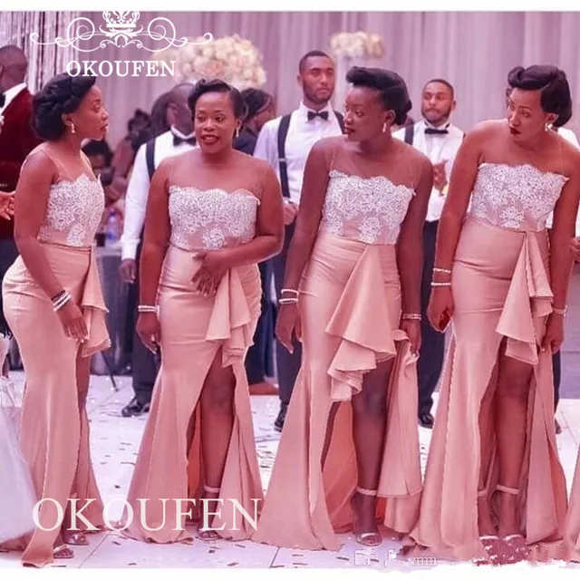 Best Offers 2019 Mermaid Bridesmaid Dresses With White Appliques Pink Polyester Satin Sheer Neck Side Split Long Party Dress Formal Gown Best Offers 2019 Mermaid Bridesmaid Dresses With White Appliques Pink Polyester Satin Sheer Neck Side Split Long Party Dress Formal Gown