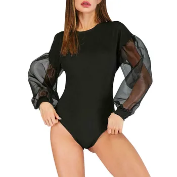 

jumpsuit bodysuit combinaison femme lace body Fashion Womens Perspective Splice Solid Long Sleeve Elastic Leotard Tops Romper Z4