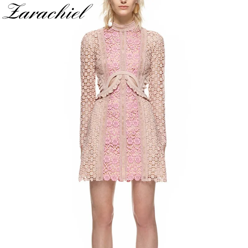 

Zarachiel 2019 Autumn Self Portrait Pink Lack Dress Runway Designer Women Long Sleeve Flower Embroidery Hollow Out Mini Dresses