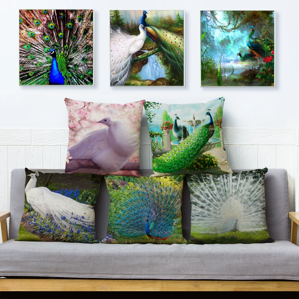 Oil Painting Colorful Wild Peacock Pillow Covers 45*45cm Cushion Cover Linen Pillows Cases Car Sofa Home Decor Bird Case | Дом и сад