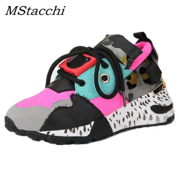 

MStacchi Sneakers Women Genuine Leather Shoes Woman Mixed Colors Leopard Mesh Sneakers Female Student Lace-Up Heightening Shoes