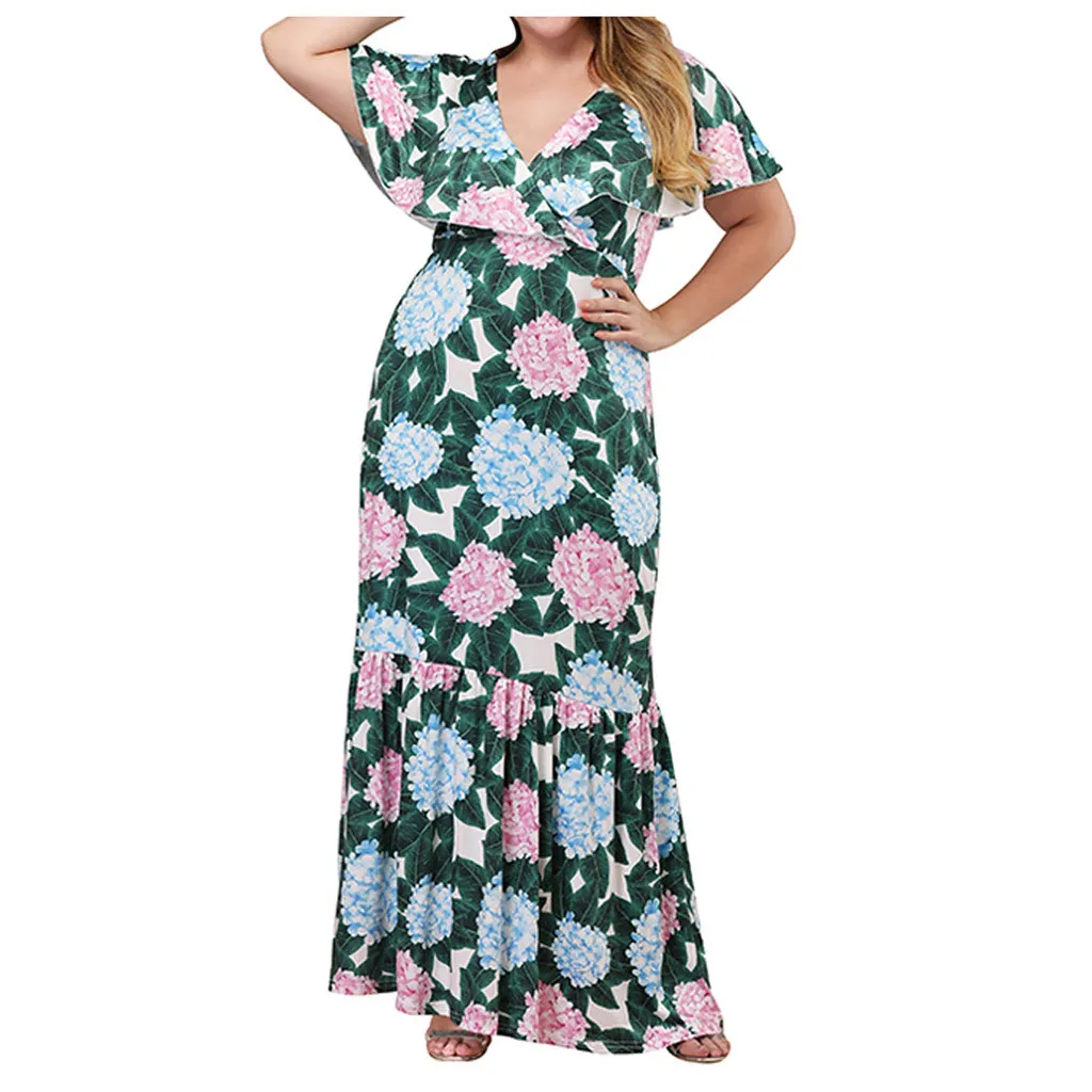

Plus Size Dress Women Summer Bohemian Long Dresses Ruffles Short Sleeve V Neck High Waist Sundress Plus Size 4XL Vestidos Mujer