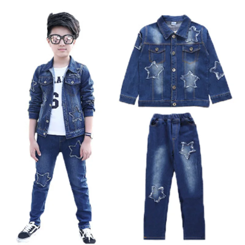 

Children's clothing Boy and girl denim suit Korean children's jacket big children Denim Jacket + Jeans 2 Pcs Set4 6 8 10 12 14T